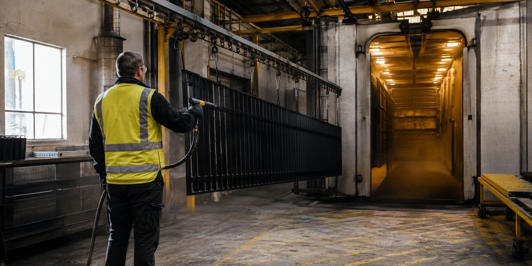 A coater in a hi vis vest spraying black powder onto a long gate panel hanging from the overhead line, with the batch oven open behind