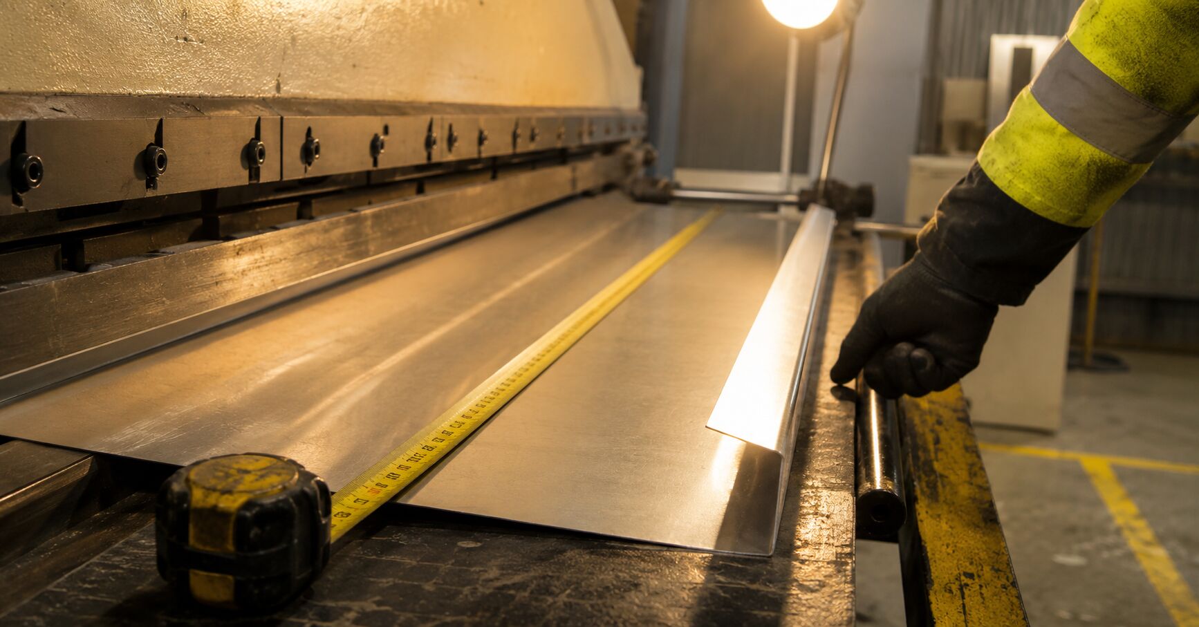 An aluminium flashing on the folder with a tape measure laid along it