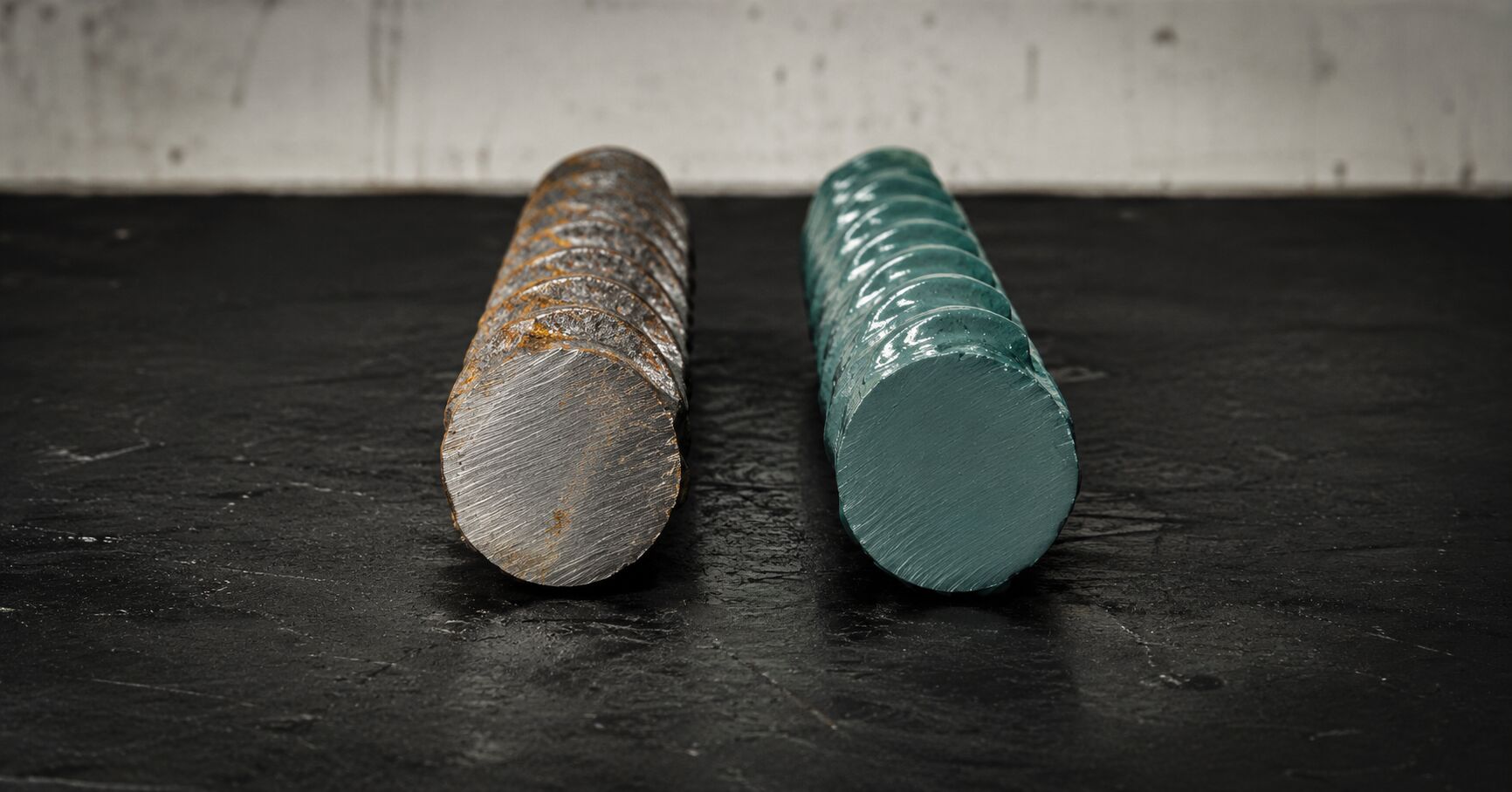 Two lengths of reinforcing bar, one bare and rusting, one coated in fusion bonded epoxy